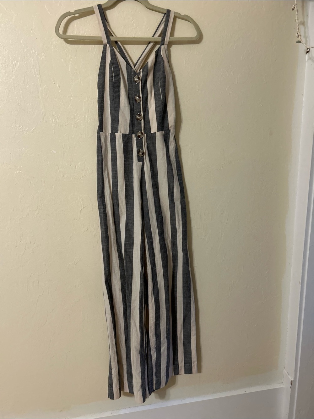 Japna Navy and Cream Striped Button-Front Halter Jumpsuit
